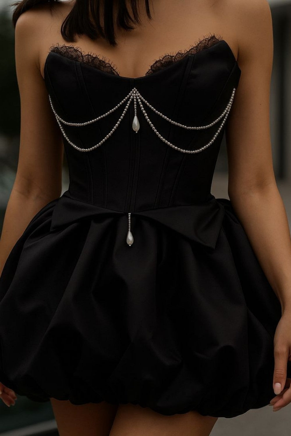 Light Pink Satin Corset Homecoming Dress with Pearl Draping and Bubble Skirt
