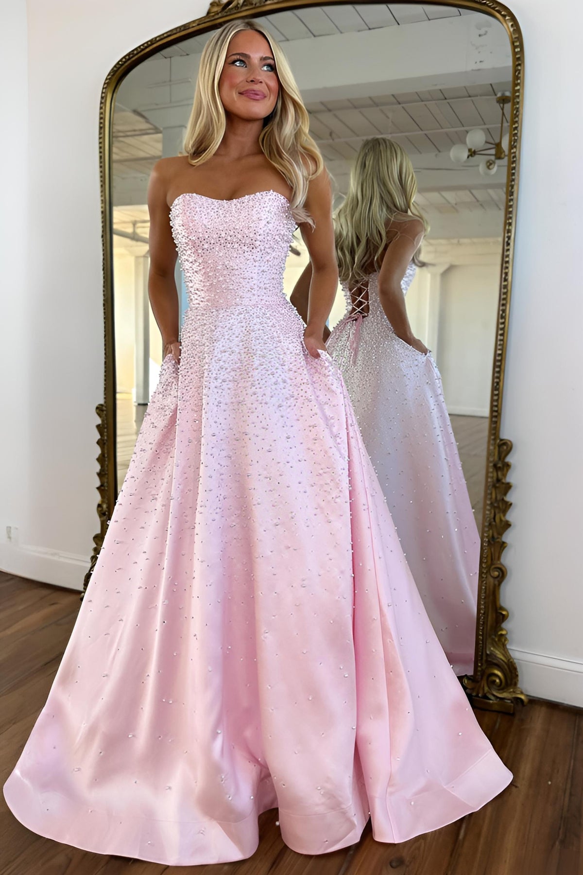Trendy A Line Sweetheart Pink Long Prom Dress with Pearls Criss Cross Back