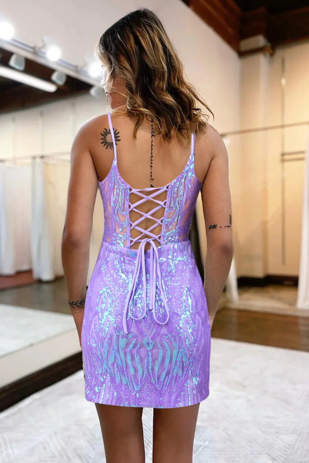 Lilac Homecoming Dresses Sequin Lace-Up Back Tight Short Cocktail Dresses
