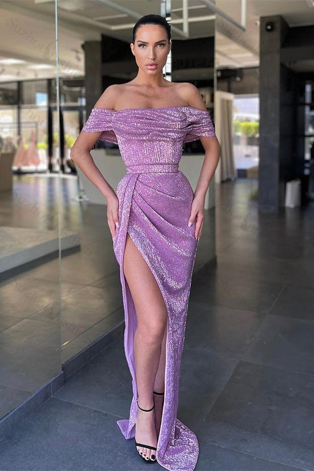 Lilac Off-the-Shoulder Sequins Evening Prom Dresses Long With Slit