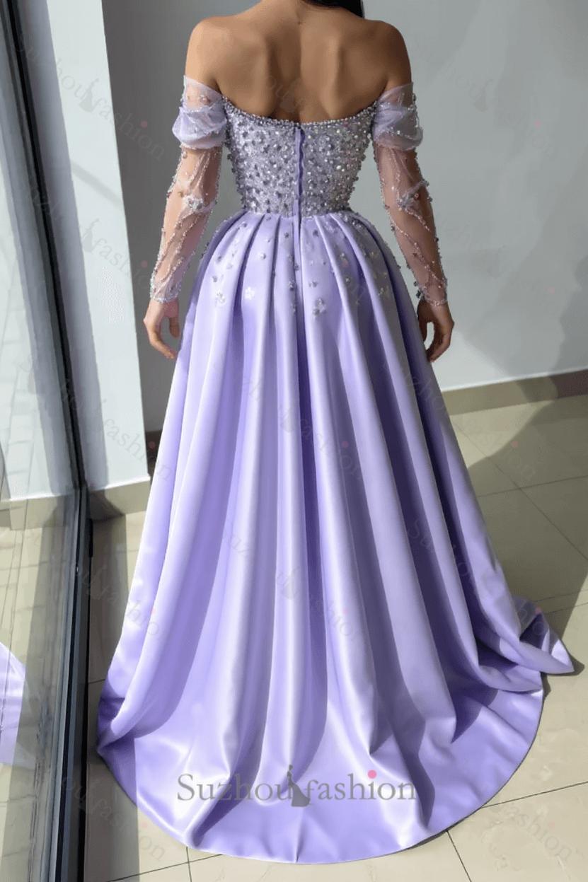 Lilac Prom Dress A Line Off The Shoulder Rhinestones Satin Pearls Formal Dress