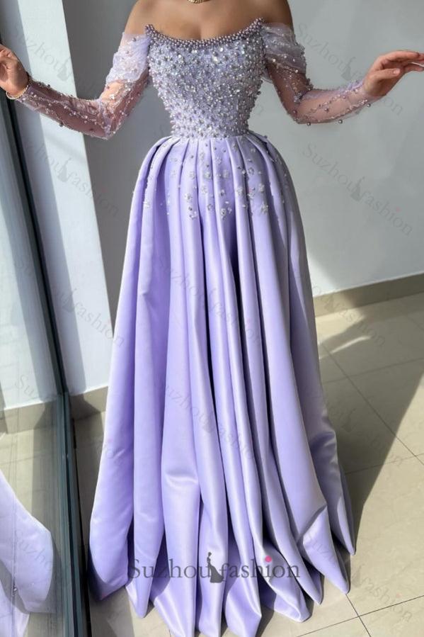Lilac Prom Dress A Line Off The Shoulder Rhinestones Satin Pearls Formal Dress