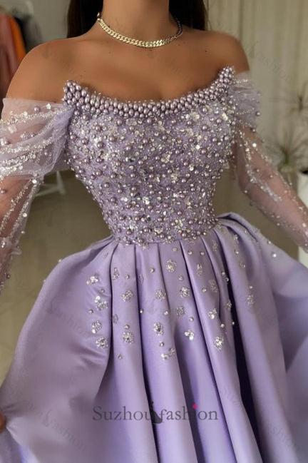 Lilac Prom Dress A Line One Shoulder Beaded Satin Formal Dress With Pearls And Rhinestones