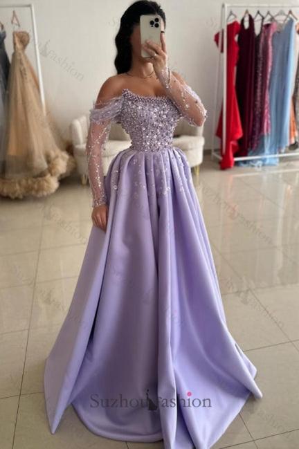 Lilac Prom Dress A Line One Shoulder Beaded Satin Formal Dress With Pearls And Rhinestones