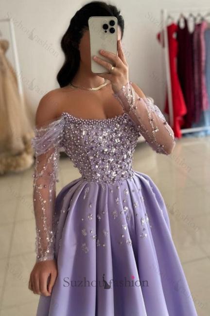 Lilac Prom Dress A Line One Shoulder Beaded Satin Formal Dress With Pearls And Rhinestones