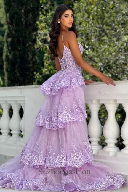 Lilac Prom Dress A Line Spaghetti Strap Sleeveless Lace Panel Train Hi Lo Tulle Formal Dress With Appliques