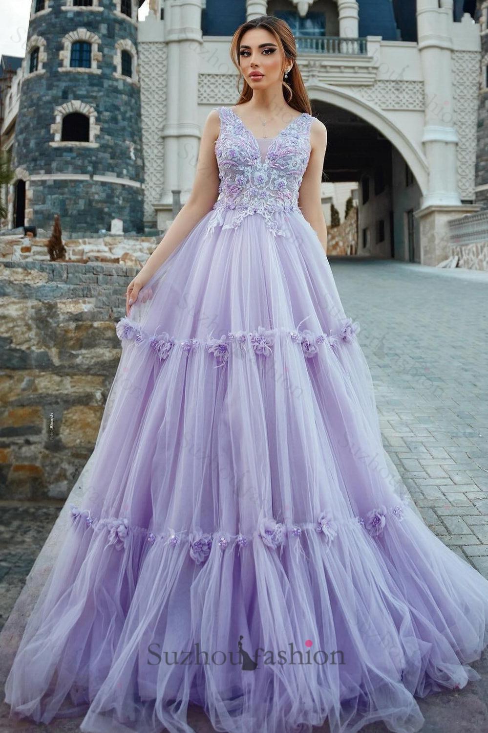 Lilac Prom Dress A Line Spaghetti V Neck Sleeveless Beaded Tulle Formal Dress With Appliques