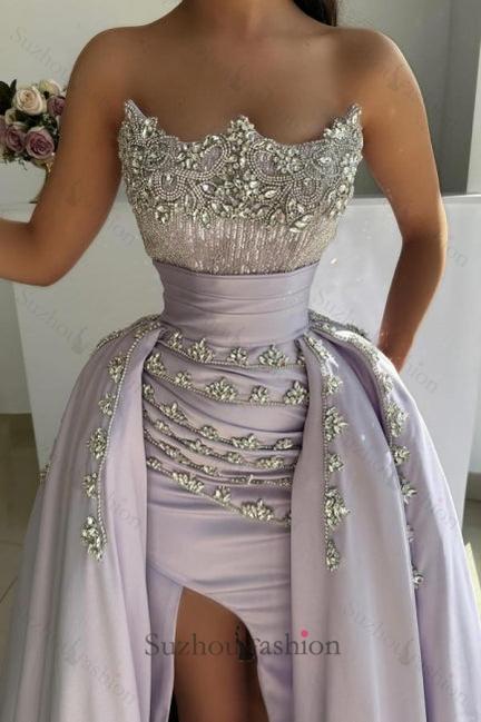 Lilac Prom Dress A Line Strapless Sleeveless Beaded Panel Train Satin Formal Dress With Rhinestones