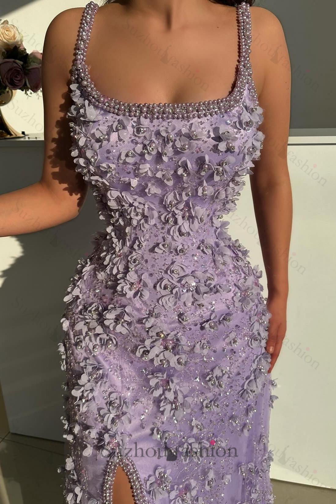 Lilac Prom Dress Mermaid Spaghetti Strap Slit Floor Length Formal Dress With Pearls And 3D Flowers