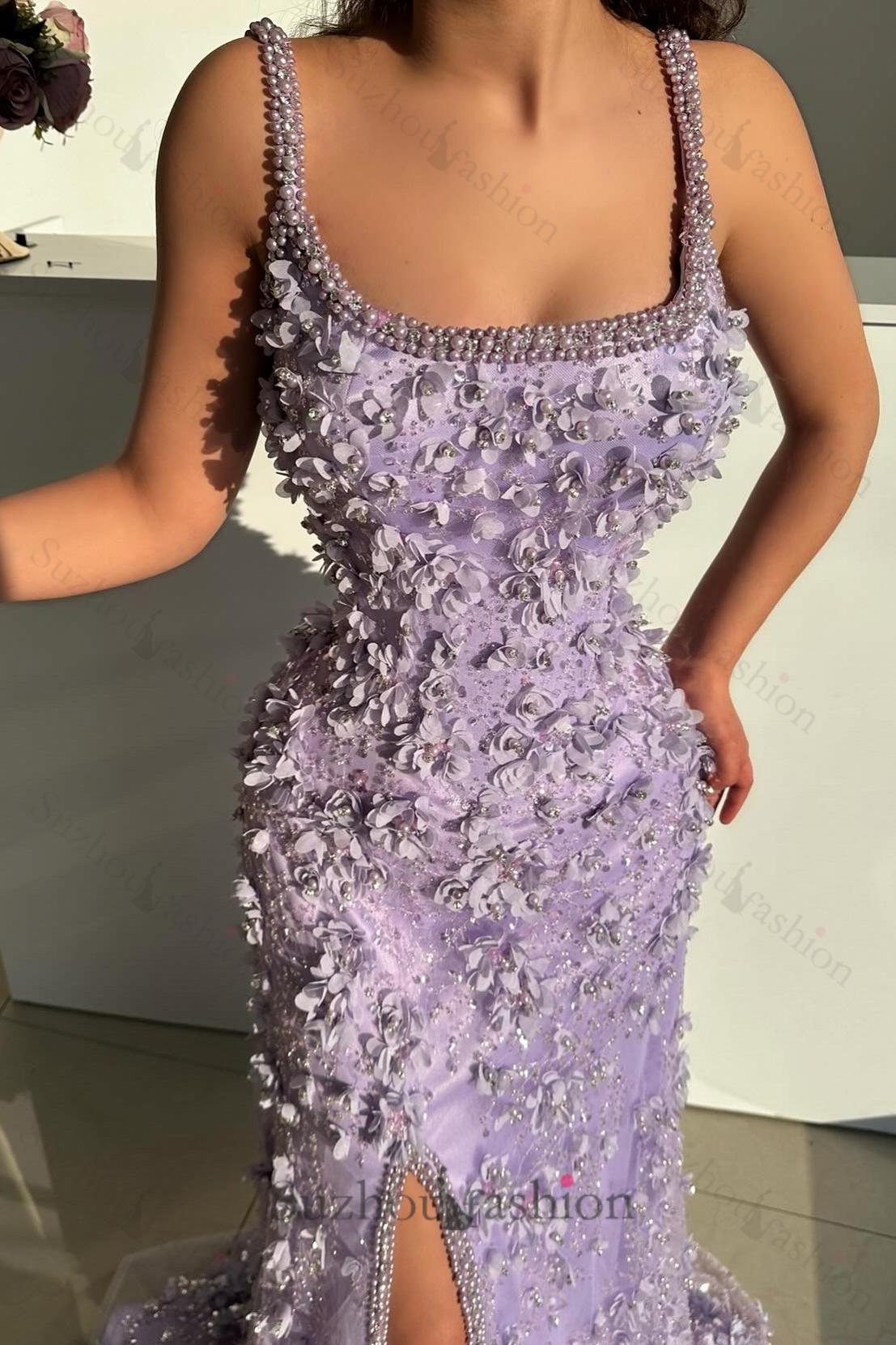 Lilac Prom Dress Mermaid Spaghetti Strap Slit Floor Length Formal Dress With Pearls And 3D Flowers