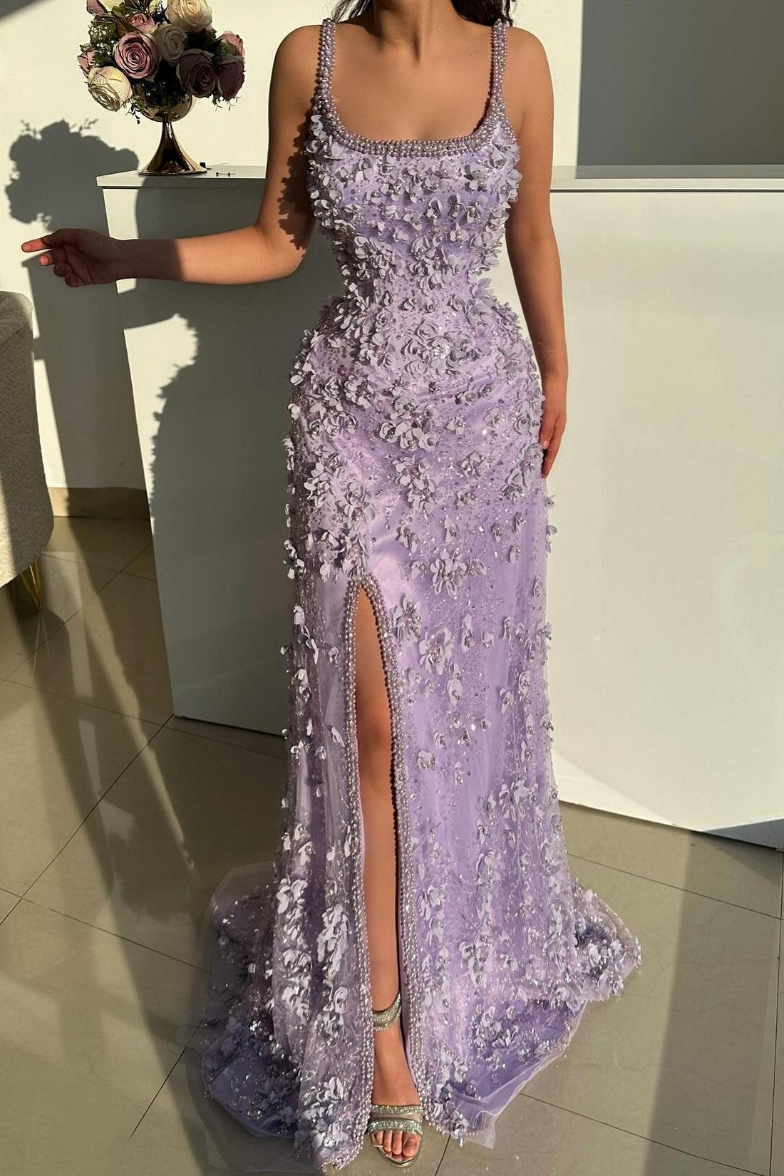 Lilac Prom Dress Mermaid Spaghetti Strap Slit Floor Length Formal Dress With Pearls And 3D Flowers