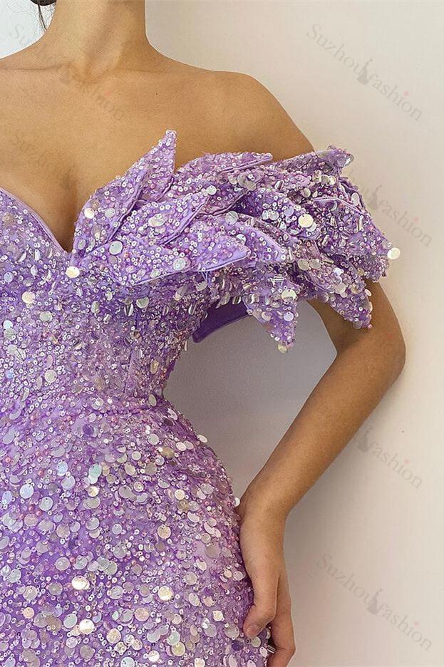 Lilac Prom Dress Sequined Off the Shoulder Mermaid Evening Formal Dress With Split