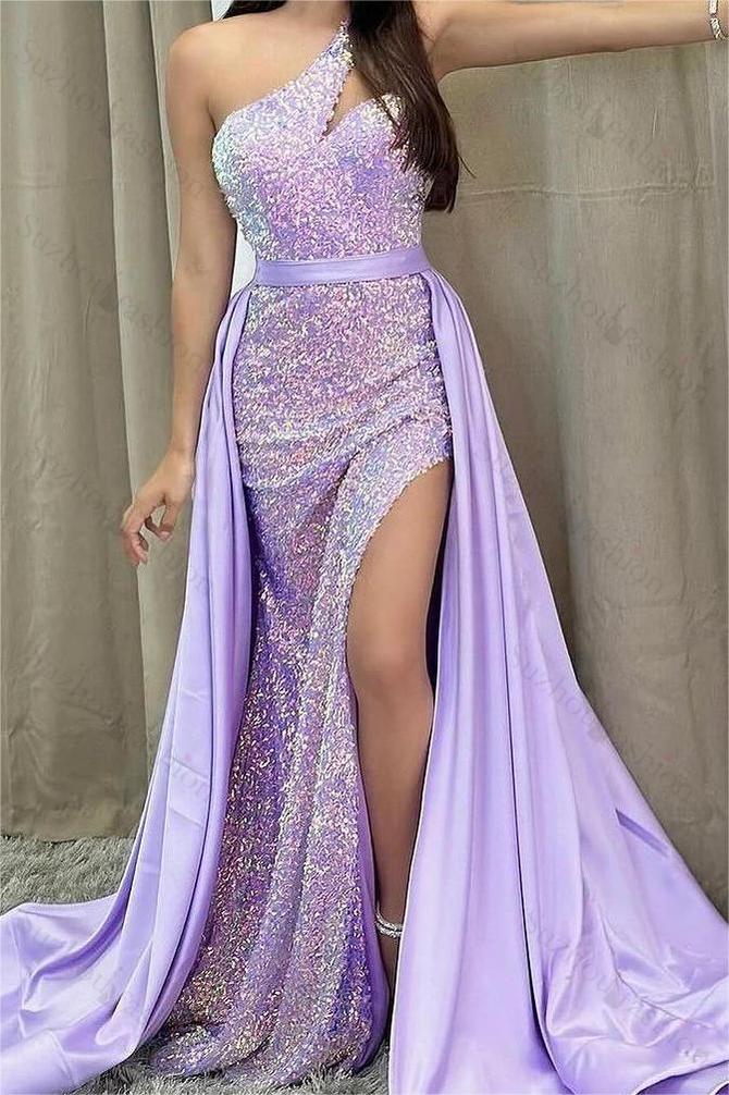 Lilac Prom Dress Sequined One Shoulder Sleeveless Mermaid Split Evening Formal Dress With Belt