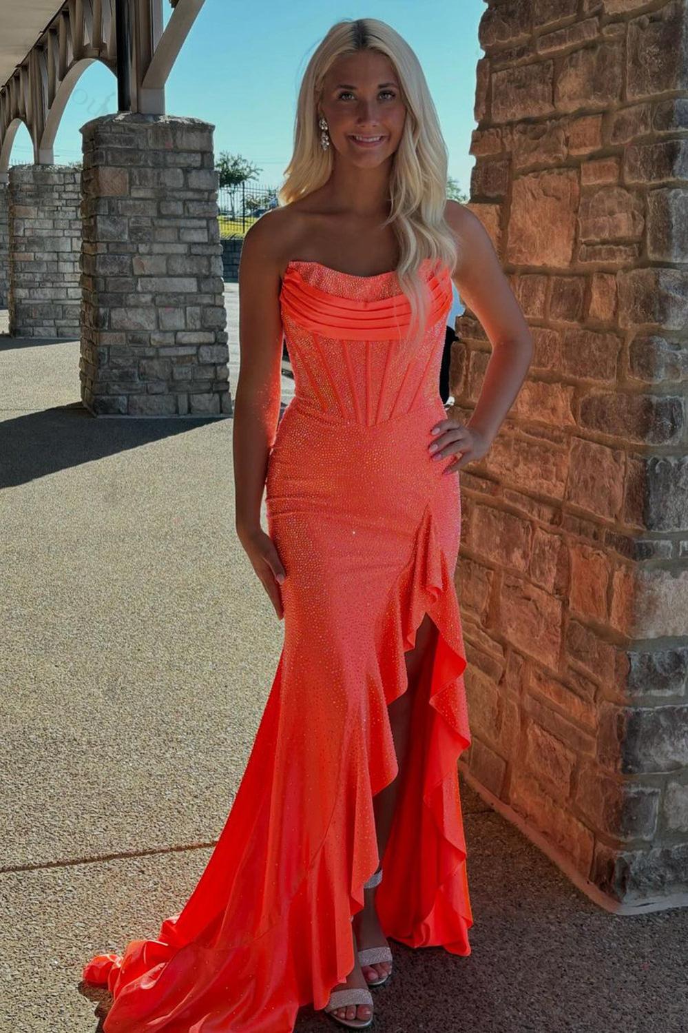 Hot Pink Beaded Prom Dress Corset Ruffled Strapless Formal Dress With Slit