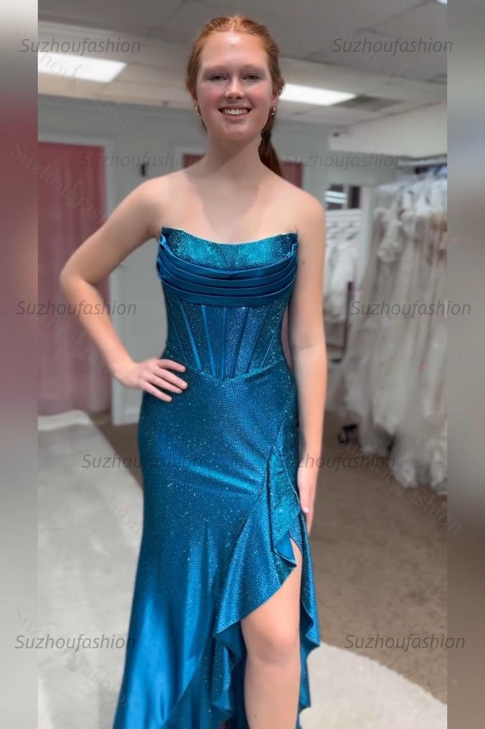 Hot Pink Beaded Prom Dress Corset Ruffled Strapless Formal Dress With Slit