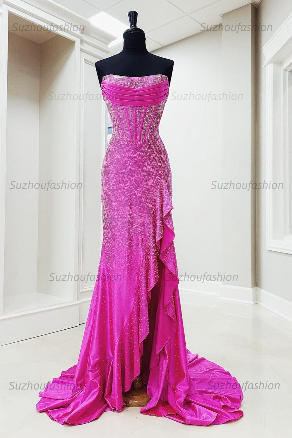 Hot Pink Beaded Prom Dress Corset Ruffled Strapless Formal Dress With Slit