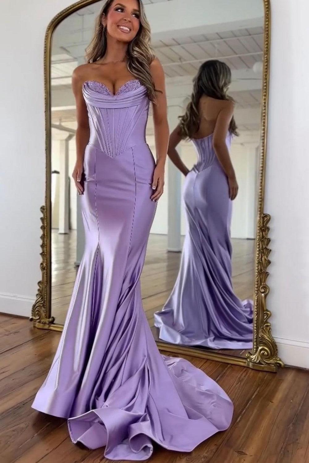 Suzhoufashion Lilac Satin Strapless Mermaid Prom Dress With Structured Corset Bodice Formal Evening Gown