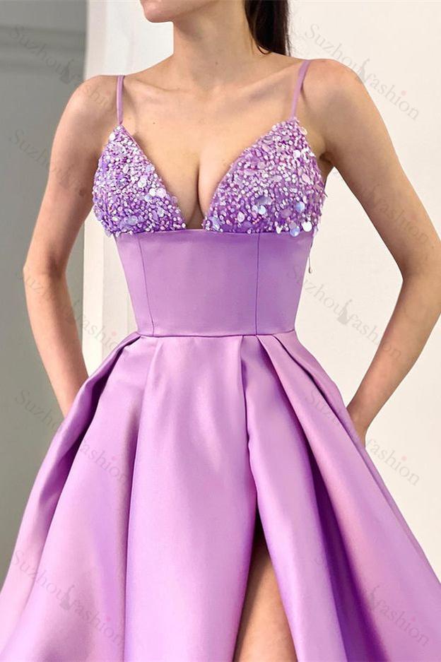 Lilac Spaghetti-Straps Sleeveless Evening Prom Dresses Split Long With Sequins