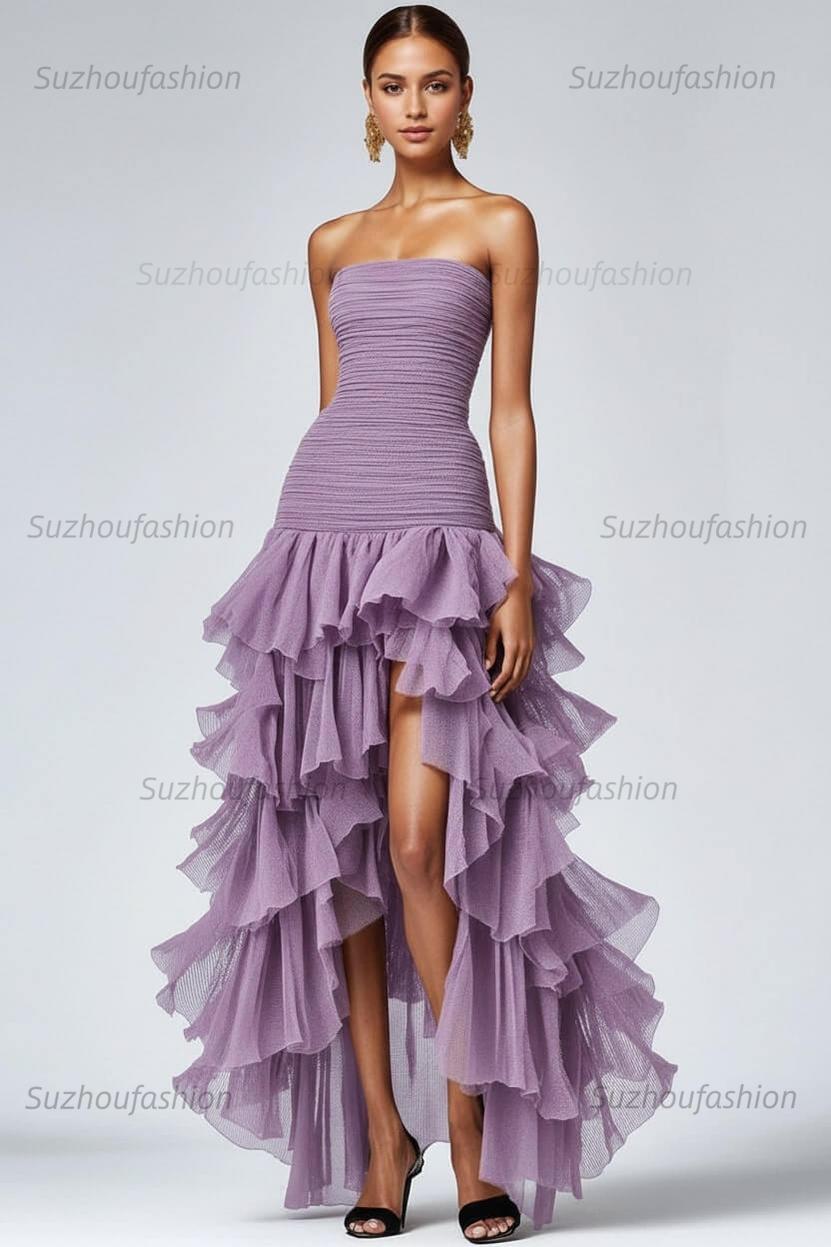 Black Wedding Guest Dress Strapless Tulle Long Ruffled Formal Dress With Slit