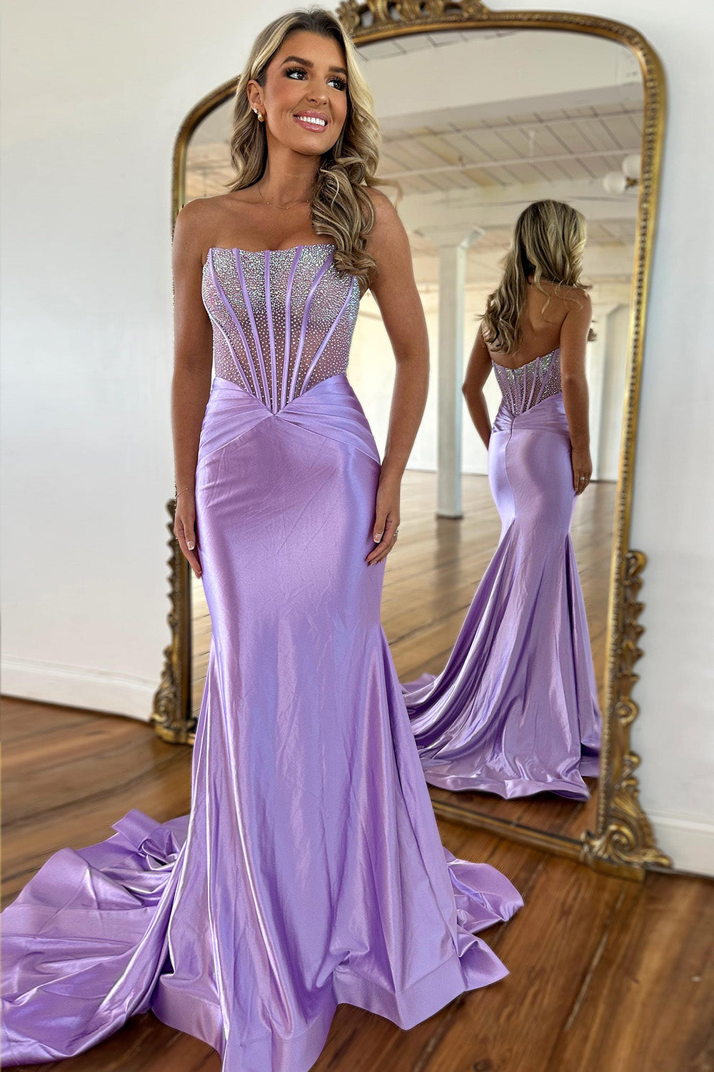 Lilac Mermaid Strapsless Beaded Top Long Satin Prom Party Dress - VelvetHem