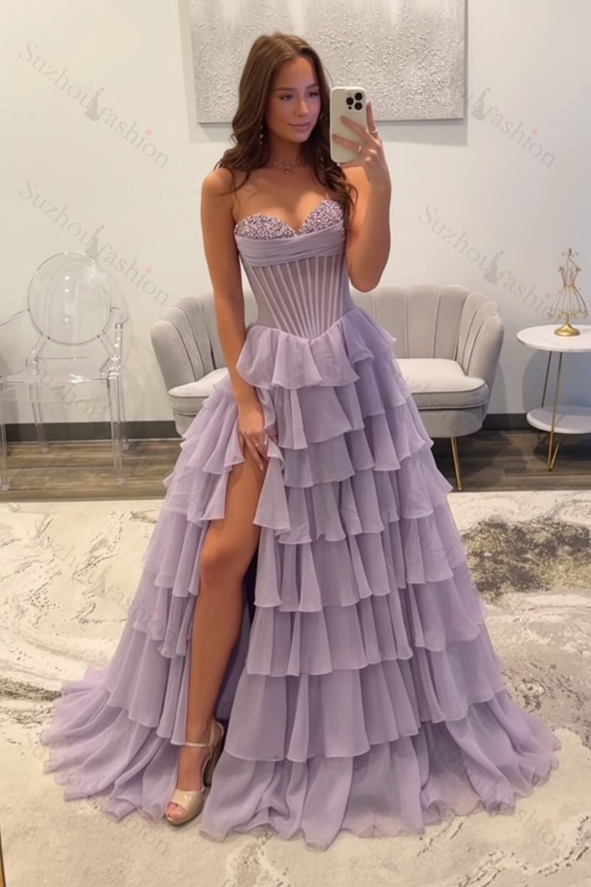 Ruffled Black Prom Dress A Line Corset Long Formal Dress With Beadings