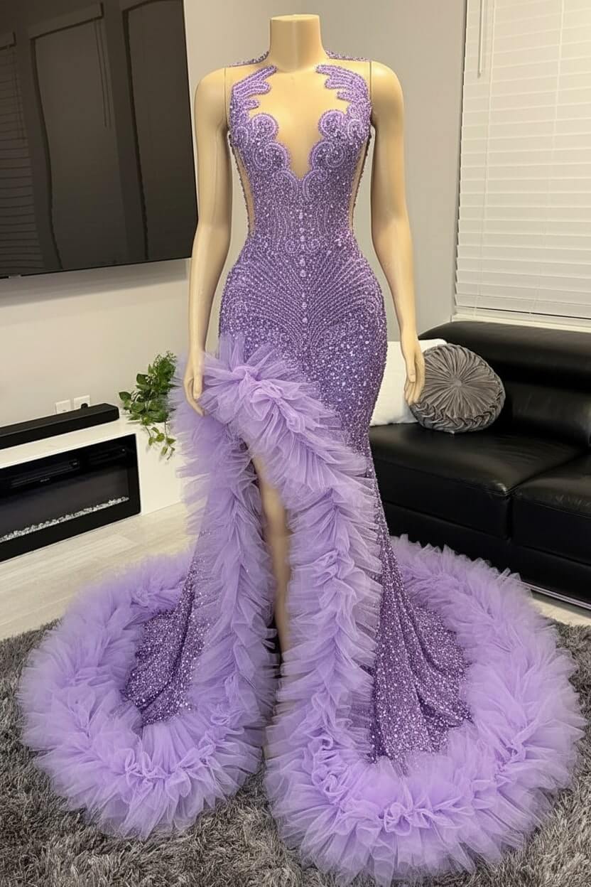 V-neck Prom Dress Orange Beaded Tulle Ruffles Sequin Formal Evening Party Dress