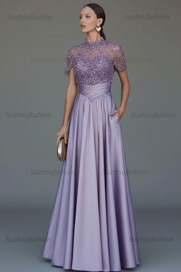 High Neck Short Sleeves Long Evening Formal Dress With Beading Pockets