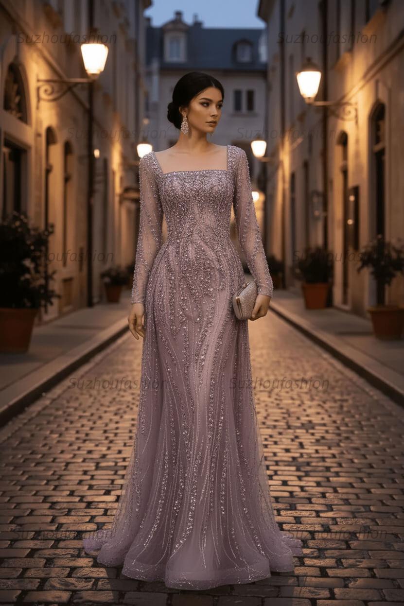 Square Neck Long Sleeves Long Mermaid Evening Formal Dress With Beading Tulle