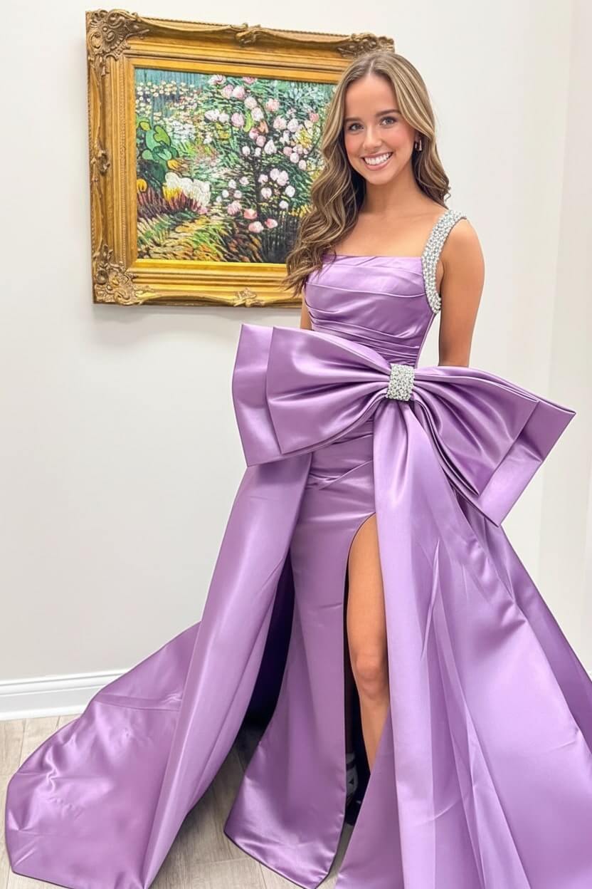 Green Prom Dress Satin Beaded A Line Long Pageant Dress With Bow