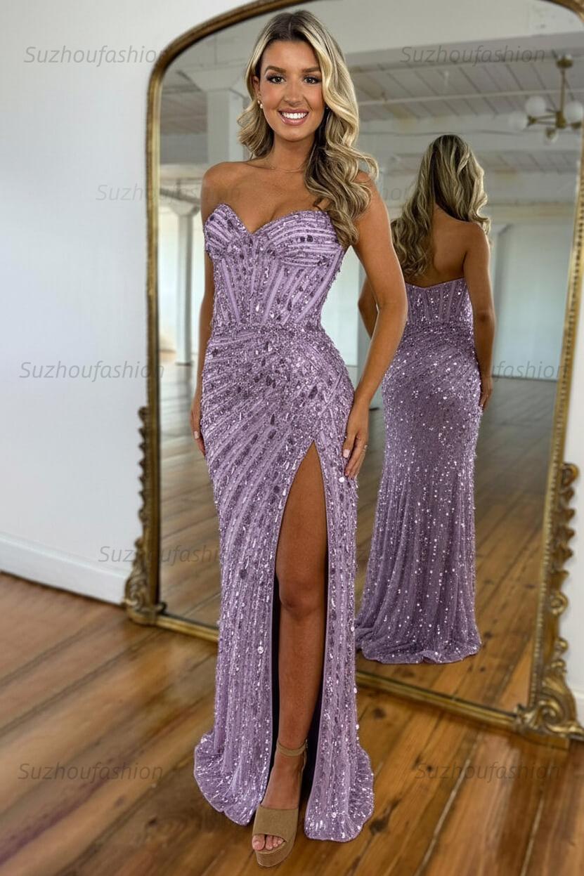 Sequined Prom Dress Sweetheart Mermaid With High Slit Skirt Formal Evening Gown