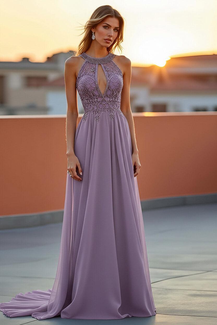 Beaded Navy Wedding Guest Dress Halter Long Formal Dress With Embroideries