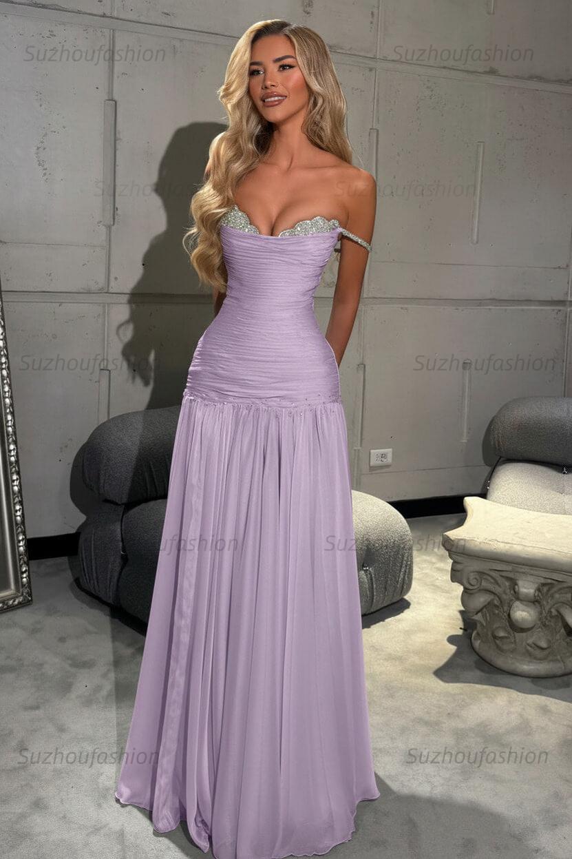 Off The Shoulder Prom Dress Sleeveless Pleated A Line Formal Evening Gown