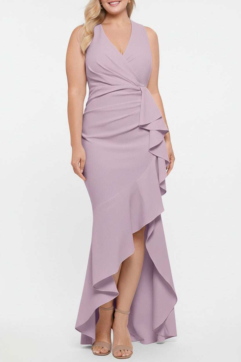 V Neck Sleeveless Plus Size Long Sheath Column Mother of the Bride Dress with Ruffles