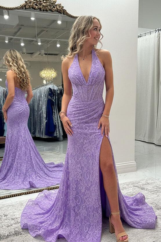 Halter Pink Prom Dress Long Lace Formal Dress With Slit