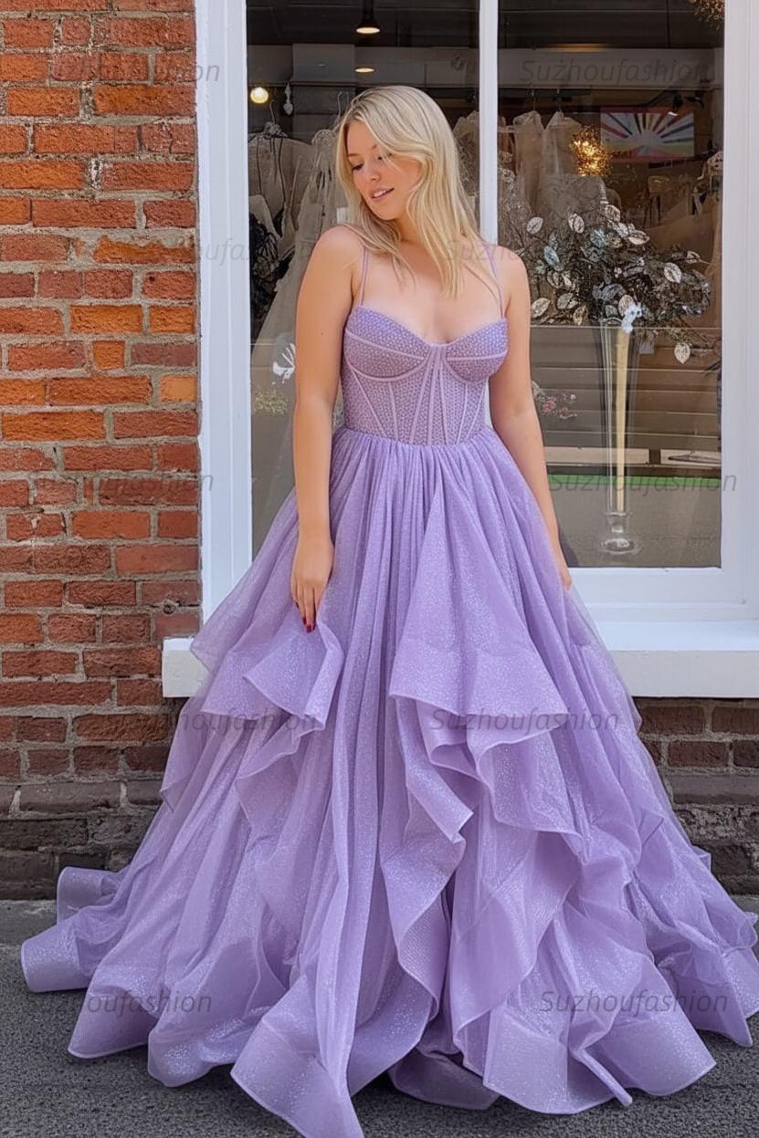 Dark Green A Line Long Corset Prom Dress With Ruffles
