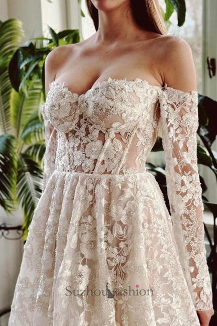 Long A Line Beach Wedding Dress Off The Shoulder Lace Beading Bridal Gown With Long Sleeves