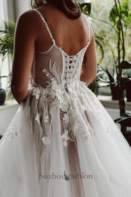 Long A Line Beach Wedding Dress Spaghetti Straps Tulle Lace Bridal Gown With Slit