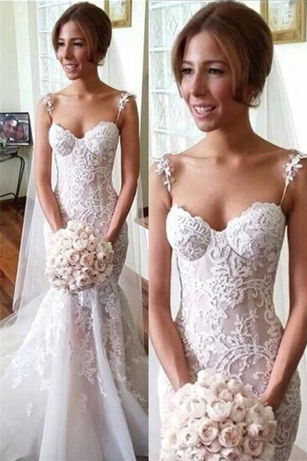 Long Applique Sleeveless Mermaid Spaghetti-Strap Tulle Beach Wedding Dresses