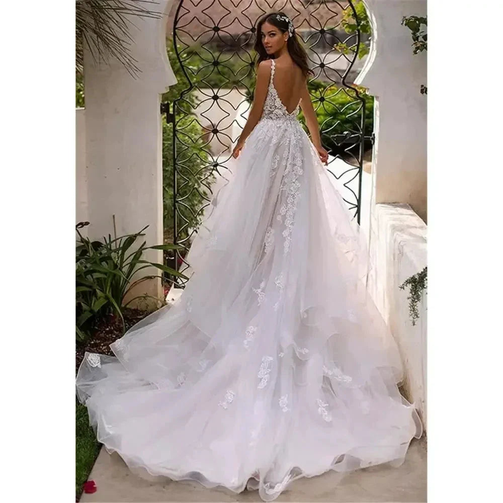 Long Boho A-Line Backless Wedding Dress 3D Flowers Spaghetti Straps Bride Dresses Princess Floor Length Wedding Gowns (ZD13297)