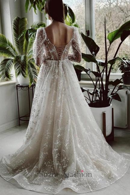 Long Ivory A Line Beach Wedding Dress Sleeves Lace Bridal Gown With Slit