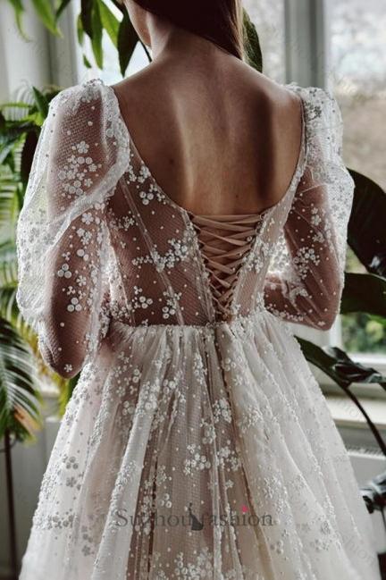 Long Ivory A Line Beach Wedding Dress Sleeves Lace Bridal Gown With Slit
