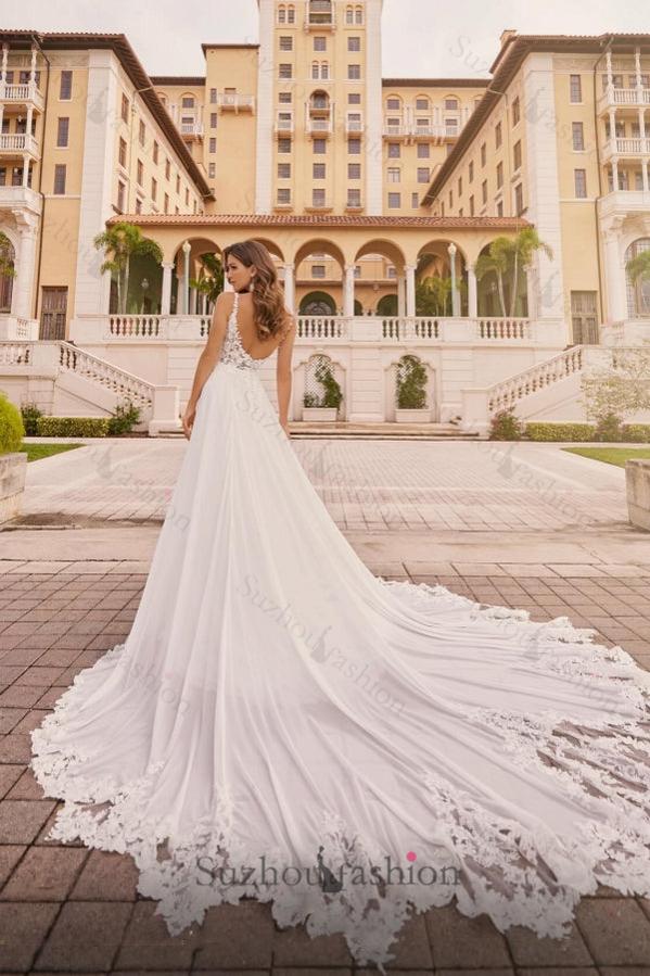 Long Ivory A Line Beach Wedding Dress Spaghetti Straps V Neck Lace Bridal Gown With Slit