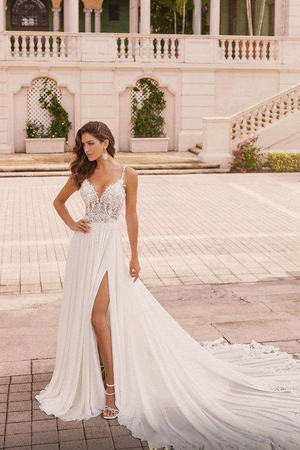 Long Ivory A Line Beach Wedding Dress Spaghetti Straps V Neck Lace Bridal Gown With Slit