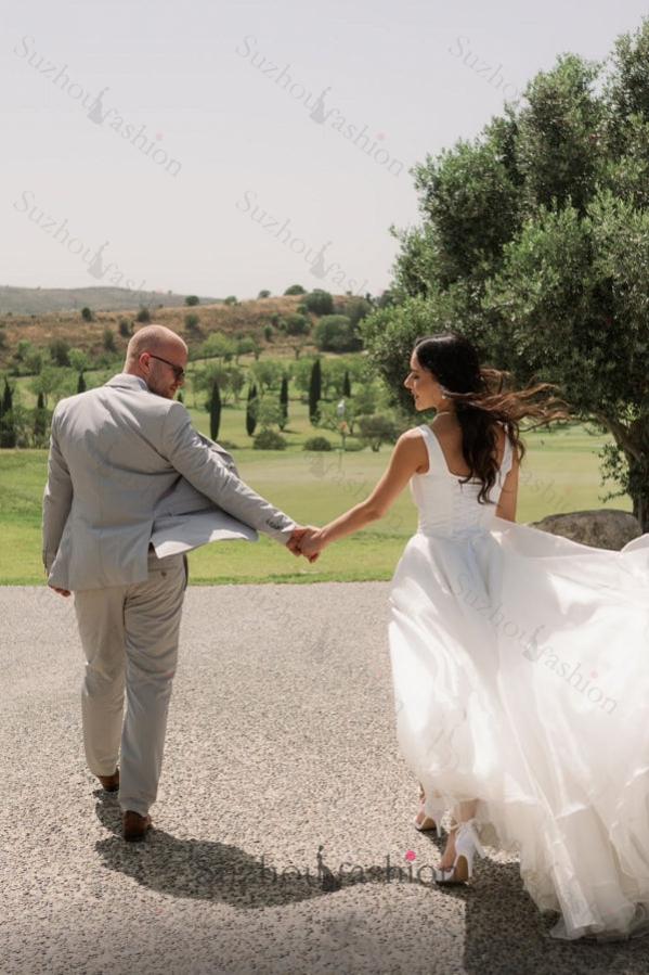 Long Ivory A Line Beach Wedding Dress Straps Tulle Sleeveless Bridal Gown With Slit