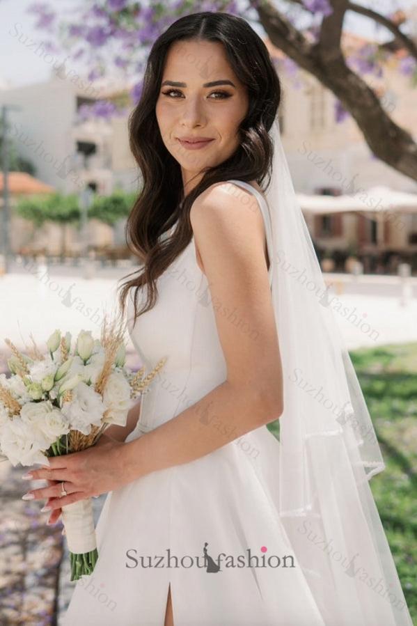 Long Ivory A Line Beach Wedding Dress Straps Tulle Sleeveless Bridal Gown With Slit