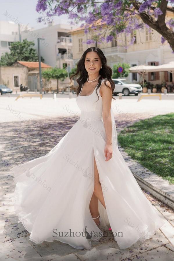 Long Ivory A Line Beach Wedding Dress Straps Tulle Sleeveless Bridal Gown With Slit
