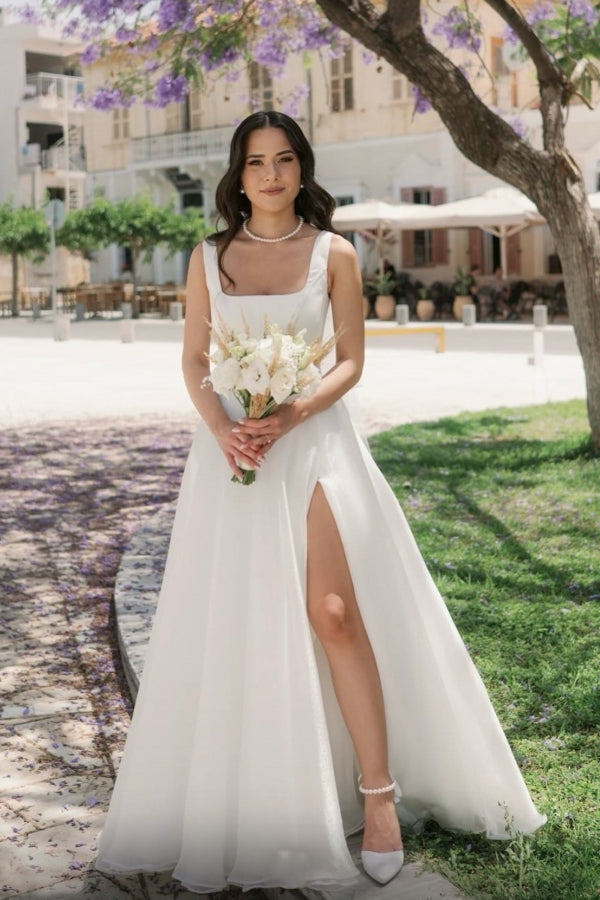 Long Ivory A Line Beach Wedding Dress Straps Tulle Sleeveless Bridal Gown With Slit