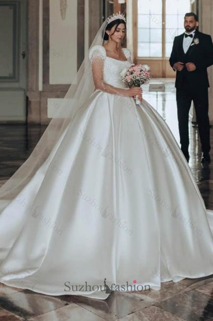 Long Ivory A Line Square Neck Satin Glitter Bridal Gown With Long Sleeves