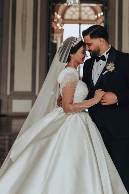 Long Ivory A Line Square Neck Satin Glitter Bridal Gown With Long Sleeves
