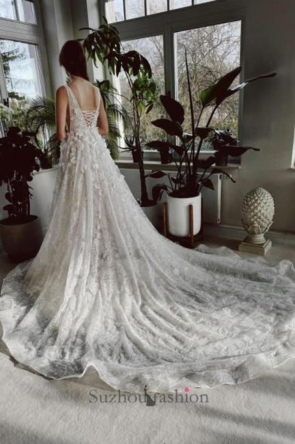 Long Ivory Beach Wedding Dress V Neck A Line Lace Bridal Gown With Glitter